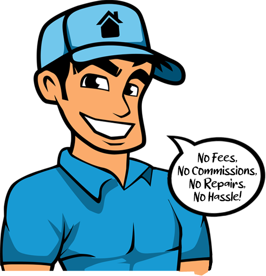 Neighbor Joe cartoon character smiling with hat and polo shirt and a speech bubble "No Fees, No Commissions, No Repairs, No Hassle"