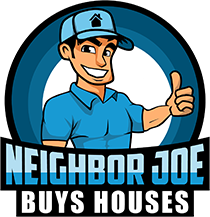 Neighbor Joe cartoon character smiling with hat and polo shirt and a thumbs up in a circle and "Neighbor Joe Buys Houses" below him