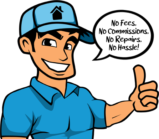 Neighbor Joe cartoon character smiling with hat and polo shirt and a speech bubble "No Fees, No Commissions, No Repairs, No Hassle"