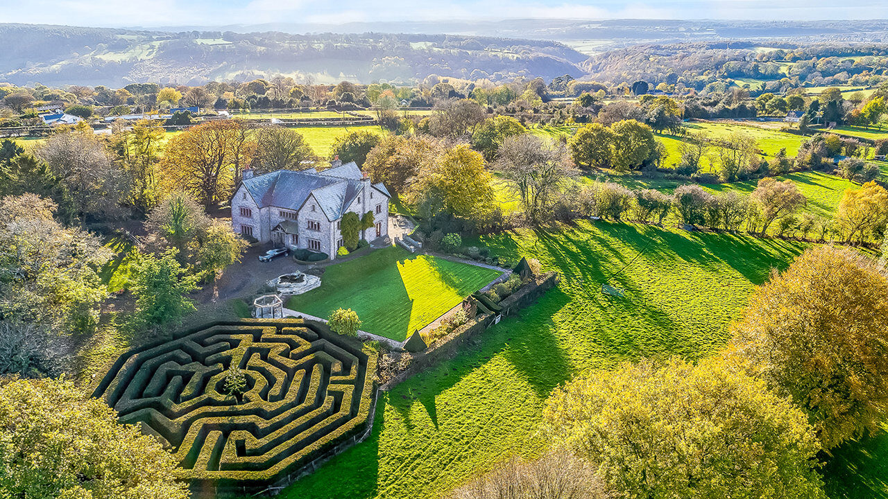 above view of house with maze in backyard